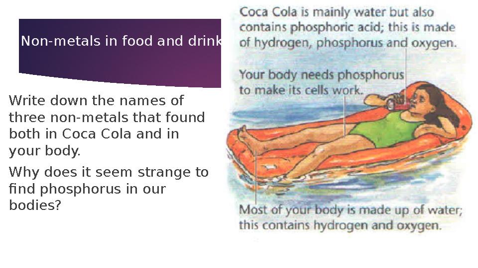 Non-metals in food and drink Write down the names of three non-metals that found both in Coca Cola and in your body. W