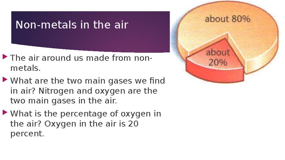 Non-metals in the air The air around us made from non- metals. What are the two main gases we find in air? Nitrogen a