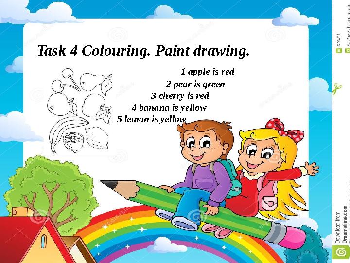 Task 4 Colouring. Paint drawing. 1 apple is red