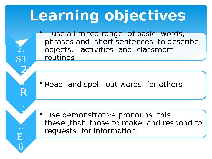 Learning objectives 2. S3 • use a limited range of basic words, phrases and short sentences to describe objects, a