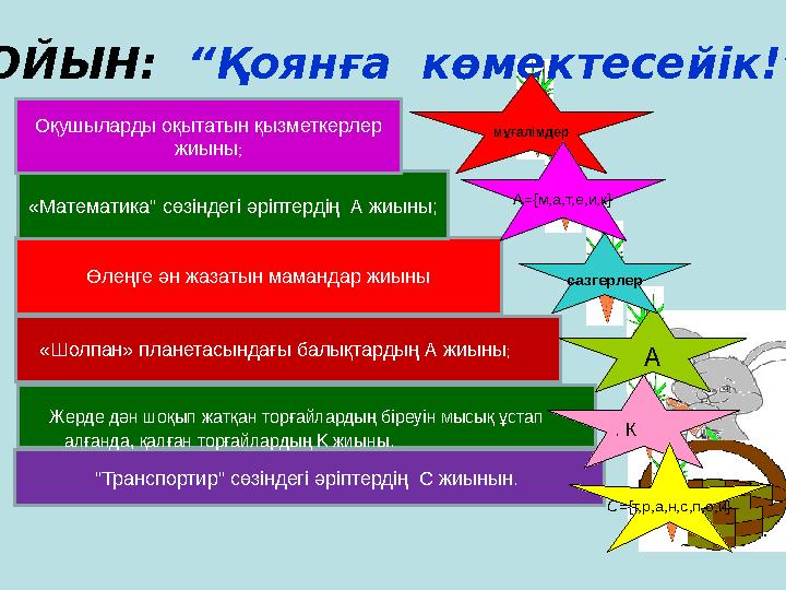 "Транспортир" сөзіндегі әріптердің С жиынын. Жерде дән шоқып жатқан торғайлардың біреуін мысық ұстап алғанда, қа