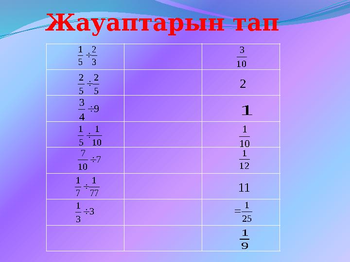 Жауаптарын тап 3 2 5 1  77 1 7 1  9 4 3  5 2 5 2  10 1 5 1  7 10 7  3 3 1  10 3 1 12 1 2 10 1 11 9 1 25 1 