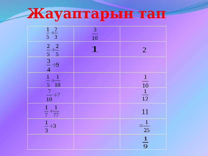 Жауаптарын тап 3 2 5 1  77 1 7 1  9 4 3  5 2 5 2  10 1 5 1  7 10 7  3 3 1  10 3 1 12 1 2 10 1 11 9 1 25 1 