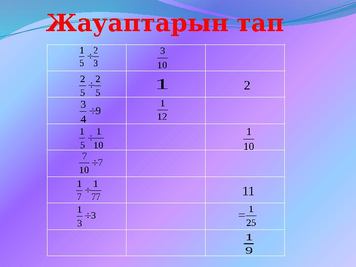 Жауаптарын тап 3 2 5 1  77 1 7 1  9 4 3  5 2 5 2  10 1 5 1  7 10 7  3 3 1  10 3 1 12 1 2 10 1 11 9 1 25 1 
