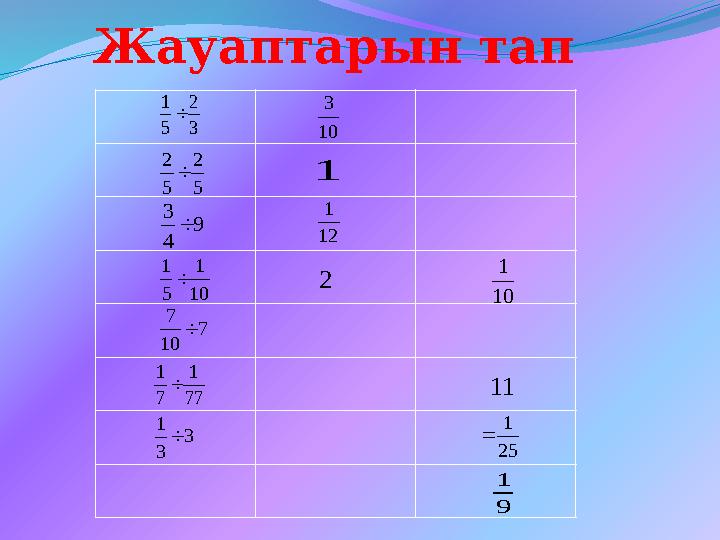 Жауаптарын тап 3 2 5 1  77 1 7 1  9 4 3  5 2 5 2  10 1 5 1  7 10 7  3 3 1  10 3 1 12 1 2 10 1 11 9 1 25 1 