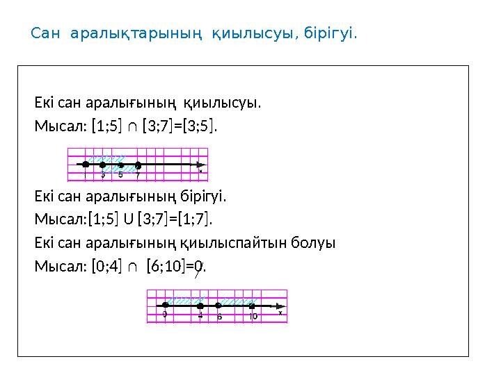 Сан аралықтарының қиылысуы, бірігуі. Екі сан аралығының қиылысуы. Мысал: [1;5] ∩ [3;7]=[3;5]. Екі сан аралығы