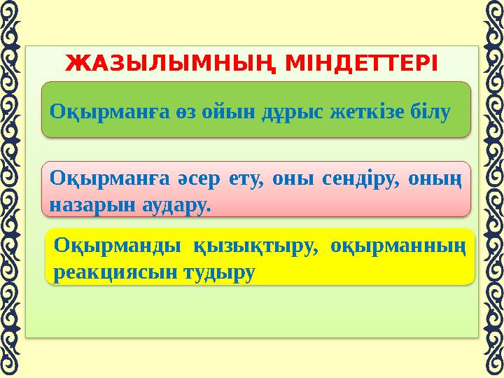 ЖАЗЫЛЫМНЫҢ МІНДЕТТЕРІ Оқырманға өз ойын дұрыс жеткізе білу Оқырманға әсер ету, оны сендіру, оның назарын аудару. Оқырманд