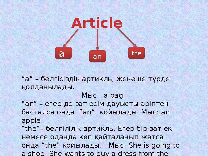 Article a an the “a” – белгісіздік артикль, жекеше түрде қолданылады. Мыс: a bag “an” – егер де зат есім дауысты әріп