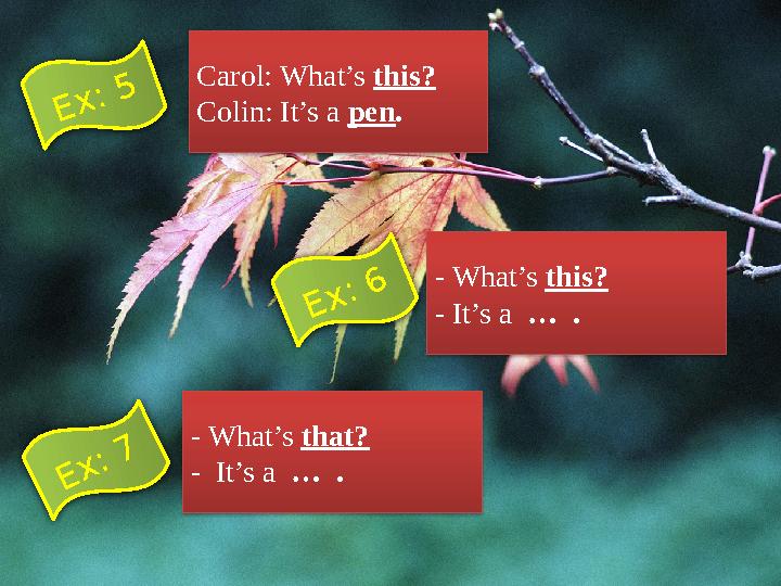 Carol: What’s this? Colin: It’s a pen. - What’s this? - It’s a … . - What’s that? - It’s a … . Ex: 5 Ex: 6 Ex: 7