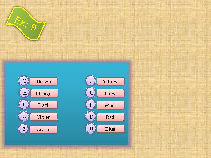 C Brown H Orange J Yellow I Black A Violet E Green B Blue G Grey F White D Red E x : 9