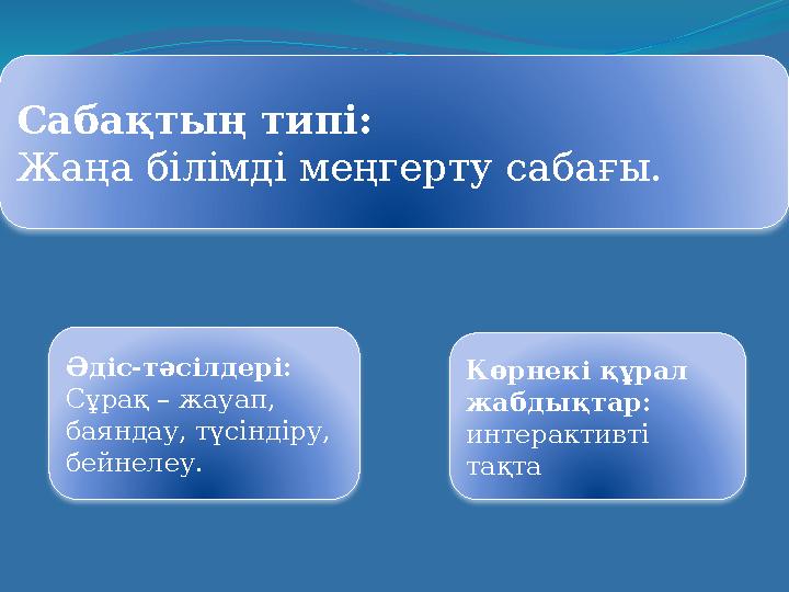 Әдіс-тәсілдері: Сұрақ – жауап, баяндау, түсіндіру, бейнелеу. Көрнекі құрал жабдықтар: интерактивті тақта Сабақтың типі