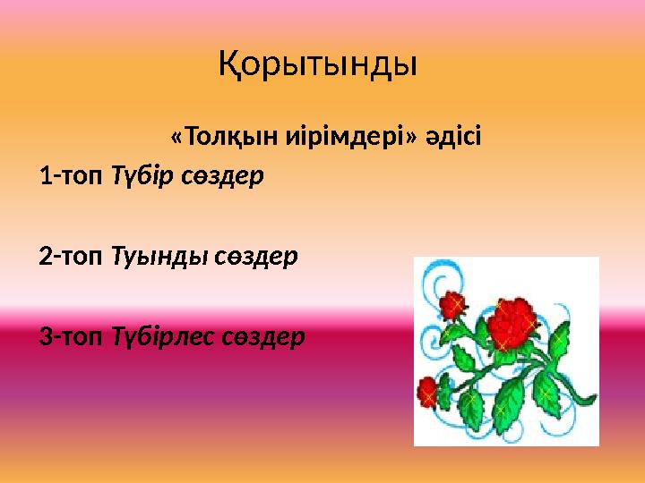 Қорытынды «Толқын иірімдері» әдісі 1-топ Түбір сөздер 2-топ Туынды сөздер 3-топ Түбірлес сөздер