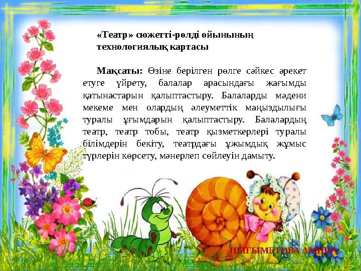 «Театр» сюжетті-рөлді ойынының технологиялық картасы Мақсаты: Өзіне берілген рөлге сәйкес әрекет етуге үйрету, балалар арасында
