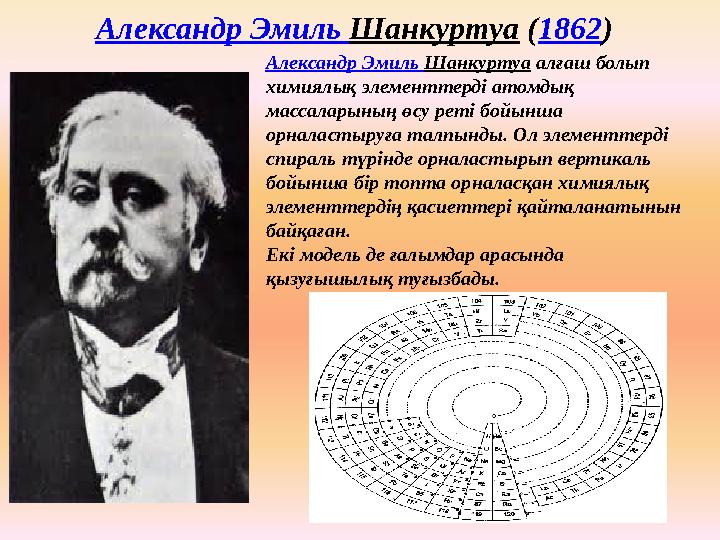Александр Эмиль Шанкуртуа (1862) Александр Эмиль Шанкуртуа алғаш болып химиялық элементтерді атомдық массаларының өсу реті б