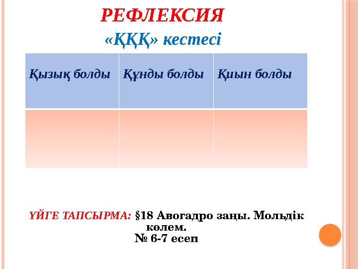 РЕФЛЕКСИЯ «ҚҚҚ» кестесі Қызық болды Құнды болдыҚиын болды ҮЙГЕ ТАПСЫРМА: §18 Авогадро заңы. Мольдік көлем. № 6-7 есеп