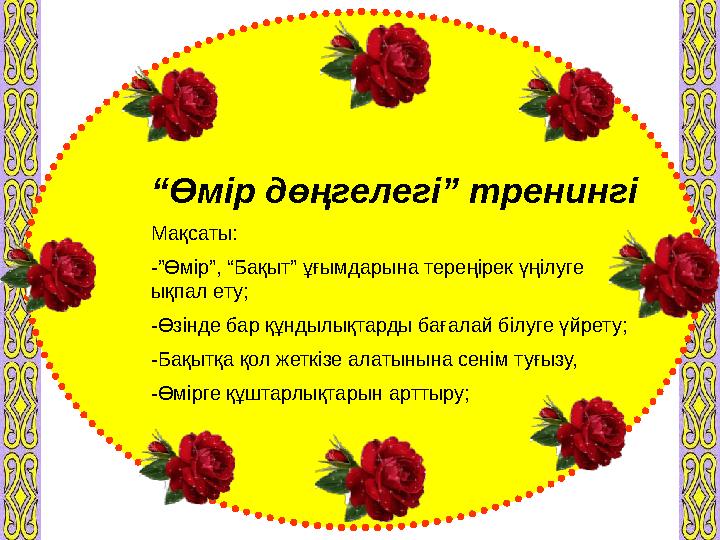 “Өмір дөңгелегі” тренингі Мақсаты: -”Өмір”, “Бақыт” ұғымдарына тереңірек үңілуге ықпал ету; -Өзінде бар құндылықтарды бағалай