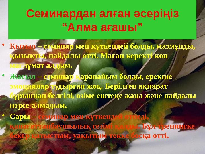 Семинардан алған әсеріңіз “Алма ағашы” •Қызыл – семинар мен күткендей болды, мазмұнды, қызықты, пайдалы өтті. Маған керекті көп
