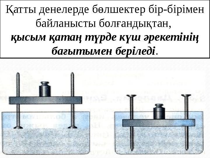 Қатты денелерде бөлшектер бір-бірімен байланысты болғандықтан, қысым қатаң түрде күш әрекетінің бағытымен беріледі.