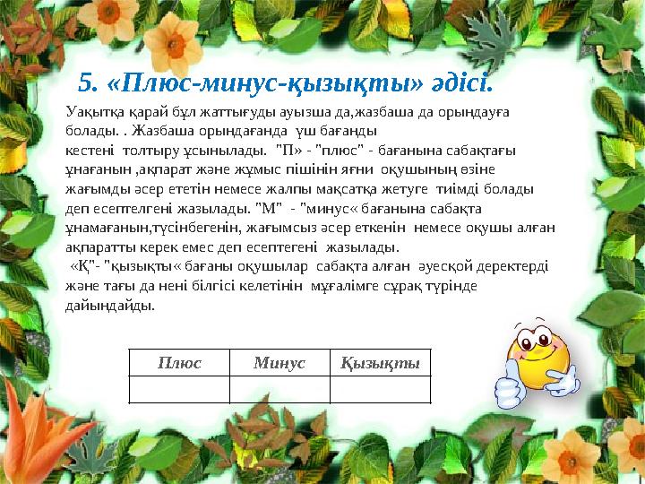 5. «Плюс-минус-қызықты» әдісі. Уақытқа қарай бұл жаттығуды ауызша да,жазбаша да орындауға болады. . Жазбаша орындағанда үш ба 5. «Плюс-минус-қызықты» әдісі. Уақытқа қарай бұл жаттығуды ауызша да,жазбаша да орындауға болады. . Жазбаша орындағанда үш ба