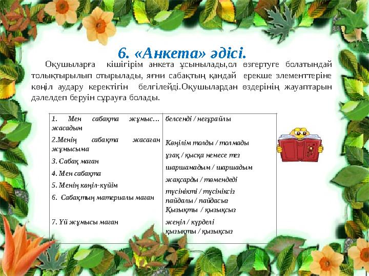6. «Анкета» әдісі. Оқушыларға кішігірім анкета ұсынылады,ол өзгертуге болатындай толықтырылып отырылады, яғни сабақтың қандай 6. «Анкета» әдісі. Оқушыларға кішігірім анкета ұсынылады,ол өзгертуге болатындай толықтырылып отырылады, яғни сабақтың қандай