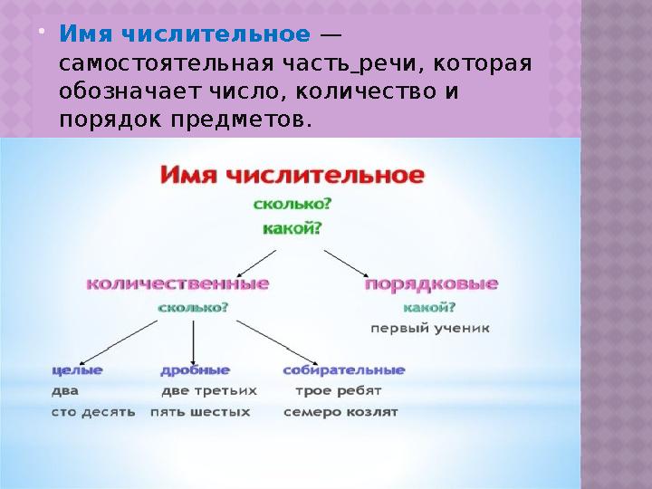  Имя числительное — самостоятельная часть речи, которая обозначает число, количество и порядок предметов.  Отвечает на