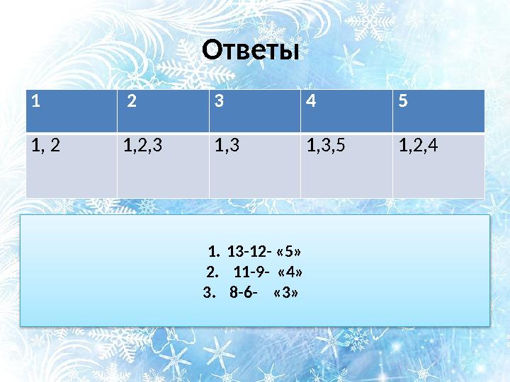 Ответы 1 2 3 4 5 1, 2 1,2,3 1,3 1,3,5 1,2,4 1. 13-12- «5» 2. 11-9- «4» 3. 8-6- «3»