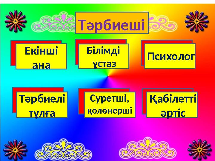 Тәрбиеші Екінші ана Білімді ұстаз Психолог Тәрбиелі тұлға Суретші, қолөнерші Қабілетті әртіс