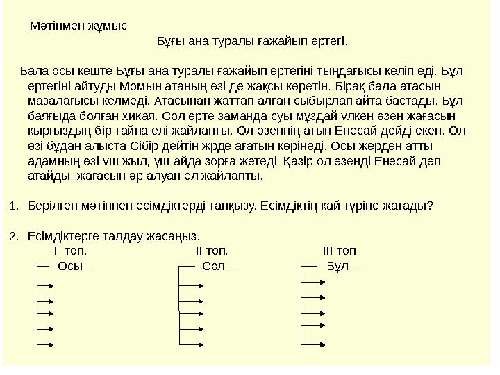 Мәтінмен жұмыс Бұғы ана туралы ғажайып ертегі. Бала осы кеште Бұғы ана туралы ғажайып ертегіні тыңдағысы келіп еді. Б