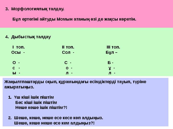 3. Морфологиялық талдау. Бұл ертегіні айтуды Момын атаның өзі де жақсы көретін. 4. Дыбыстық талдау