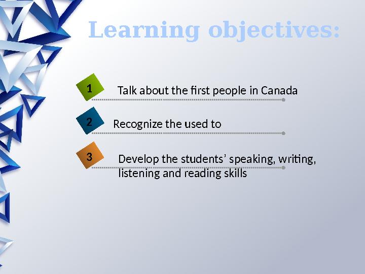 Learning objectives: Talk about the first people in Canada1 Recognize the used to2 Develop the students’ speaking, writing, lis
