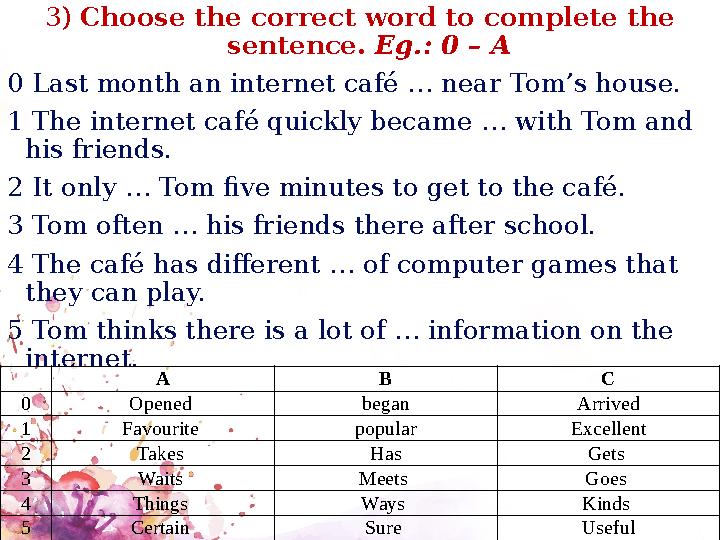 3) Choose the correct word to complete the sentence. Eg.: 0 – A 0 Last month an internet café … near Tom’s house. 1 The interne