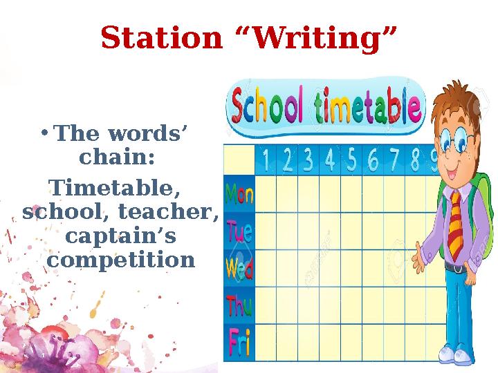 Station “Writing” •The words’ chain: Timetable, school, teacher, сaptain’s competition