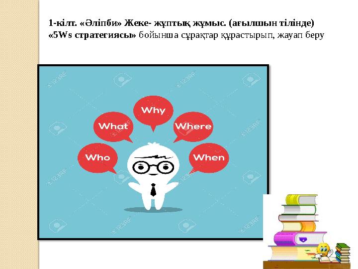 1-кілт. «Әліпби» Жеке- жұптық жұмыс. (ағылшын тілінде) «5Ws стратегиясы» бойынша сұрақтар құрастырып, жауап беру