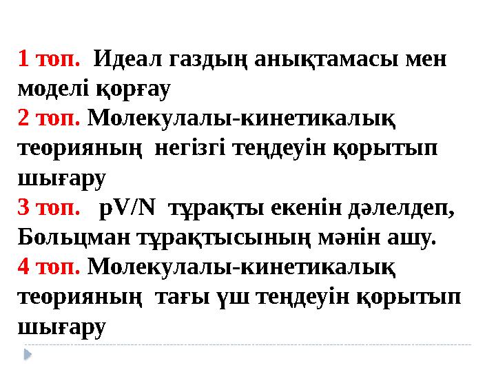 1 топ. Идеал газдың анықтамасы мен моделі қорғау 2 топ. Молекулалы-кинетикалық теорияның негізгі теңдеуін қорытып шығару 3