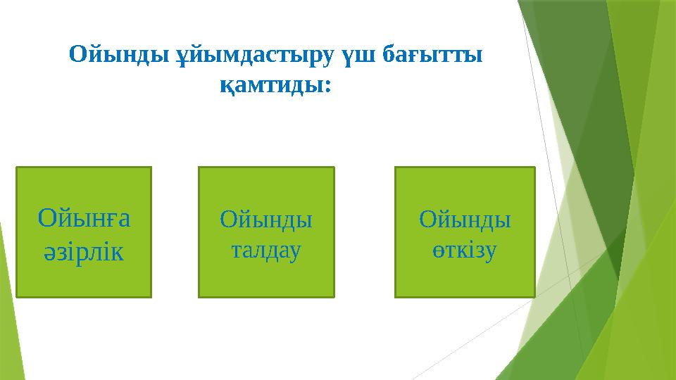 Ойынды ұйымдастыру үш бағытты қамтиды: Ойынға әзірлік Ойынды талдау Ойынды өткізу