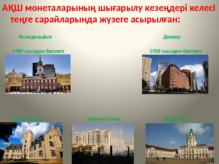 АҚШ монеталарының шығарылу кезеңдері келесі теңге сарайларында жүзеге асырылған: Филадельфия