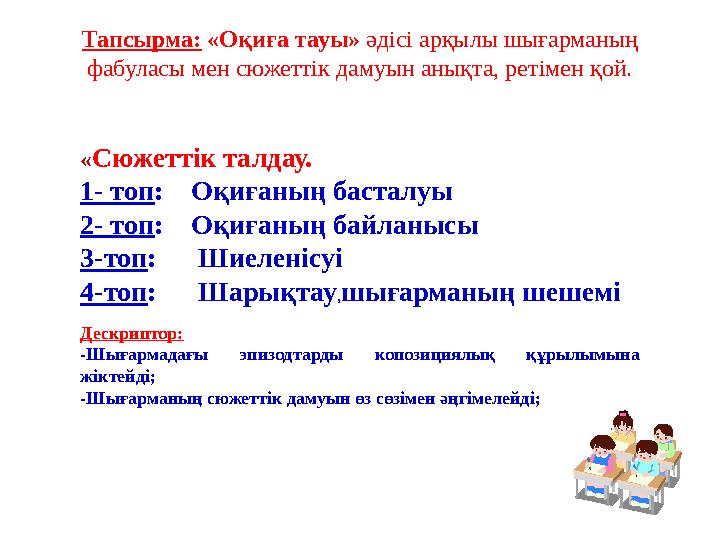 Тапсырма: «Оқиға тауы» әдісі арқылы шығарманың фабуласы мен сюжеттік дамуын анықта, ретімен қой. « Сюжеттік талдау. 1- топ