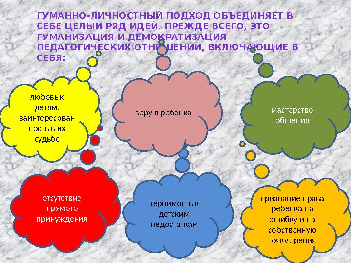 ГУМАННО-ЛИЧНОСТНЫЙ ПОДХОД ОБЪЕДИНЯЕТ В СЕБЕ ЦЕЛЫЙ РЯД ИДЕЙ. ПРЕЖДЕ ВСЕГО, ЭТО ГУМАНИЗАЦИЯ И ДЕМОКРАТИЗАЦИЯ ПЕДАГОГИЧЕСКИХ ОТН