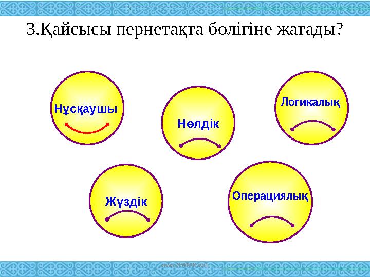 3.Қайсысы пернетақта бөлігіне жатады? Операциялық Логикалық Нөлдік Жүздік Нұсқаушы www.ZHARAR.com