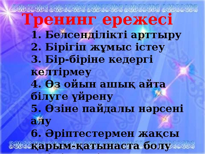 izden.kzТренинг ережесі 1. Белсенділікті арттыру 2. Бірігіп жұмыс істеу 3. Бір-біріне кедергі келтірмеу 4. Өз ойын ашық айта б