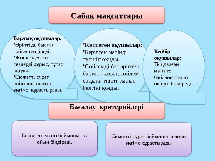 Барлық оқушылар: •Әріпті дыбыспен сәйкестендіреді. •Жиі кездесетін сөздерді дұрыс, тұтас оқиды. •Сюжетті сурет бойынша шағ