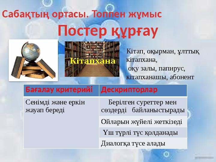 Сабақтың ортасы. Топпен жұмыс Постер құрғау Бағалау критерийі Дескрипторлар Сенімді және еркін жауап береді Берілген суре