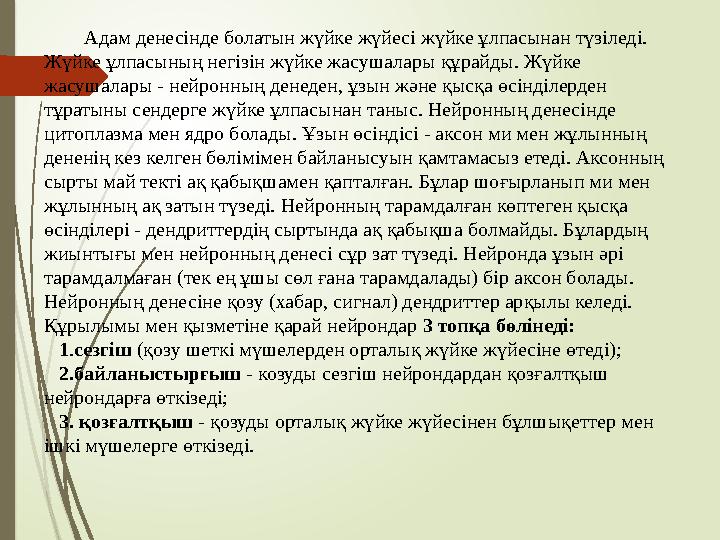 Адам денесінде болатын жүйке жүйесі жүйке ұлпасынан түзіледі. Жүйке ұлпасының негізін жүйке жасушалары құрайды. Жүйке