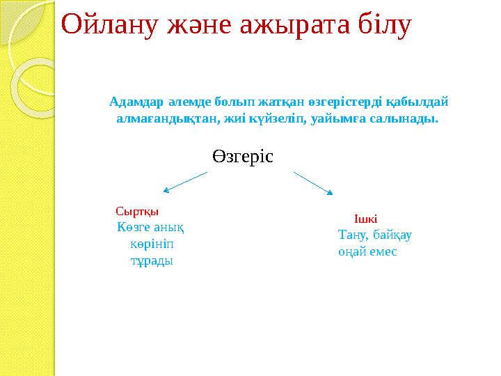Адамдар әлемде болып жатқан өзгерістерді қабылдай алмағандықтан, жиі күйзеліп, уайымға салынады. Ойлану және ажырата біл