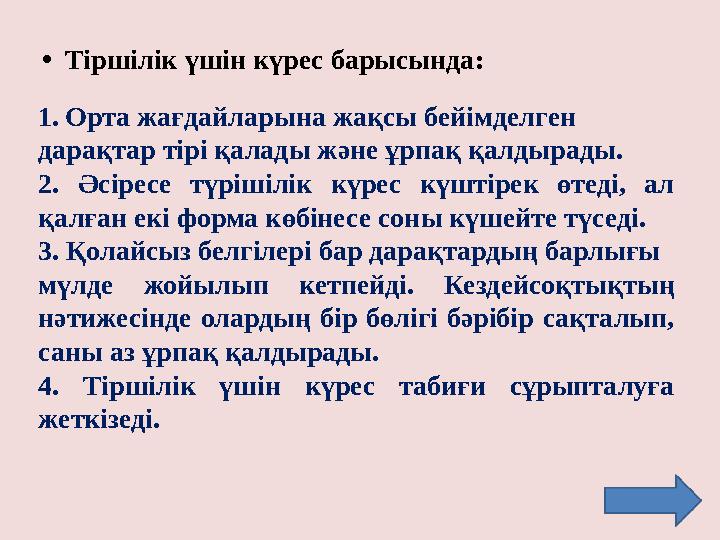 • Тіршілік үшін күрес барысында: 1. Орта жағдайларына жақсы бейімделген дарақтар тірі қалады және ұрпақ қалдырады. 2 . Әсіресе