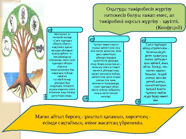 Оқытуды тәжірибесіз жүргізу нәтижесіз болуы ғажап емес, ал тәжірибені оқусыз жүргізу - қауіпті. (Конфуций) Мектептегі іс- тә