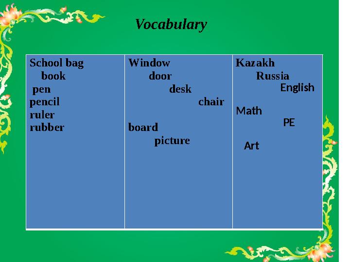 Vocabulary School bag book pen pencil ruler