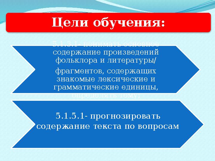 Цели обучения: 5.1.3.1- понимать основное содержание произведений фольклора и литературы/ фрагментов, содержащих знакомые лек