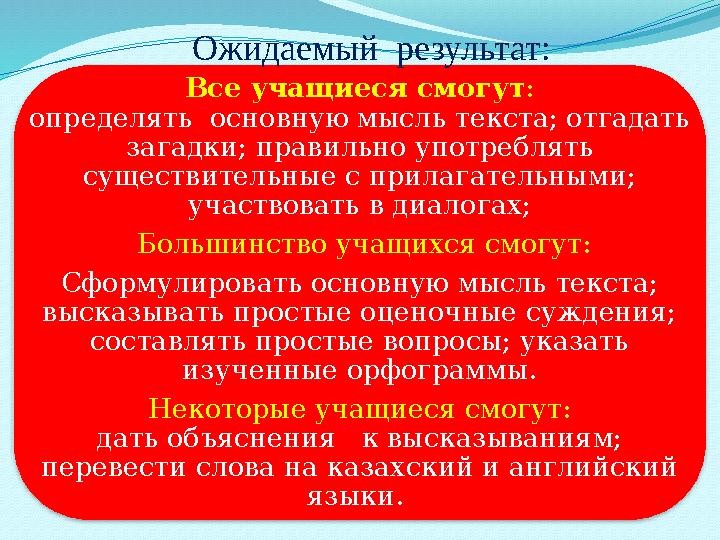 Все учащиеся смогут : определять основную мысль текста; отгадать загадки; правильно употреблять существительные с прилагатель