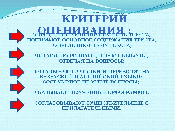 КРИТЕРИЙ ОЦЕНИВАНИЯ : ОПРЕДЕЛЯЮТ ОСНОВНУЮ МЫСЛЬ ТЕКСТА; ПОНИМАЮТ ОСНОВНОЕ СОДЕРЖАНИЕ ТЕКСТА, ОПРЕДЕЛЯЮТ ТЕМУ ТЕКСТА; Ч